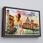 Kahverengi Çerçeveli Venedik te Kanala Bakan Kız Yağlıboya Görünüm Dekoratif Kanvas Duvar Tablosu