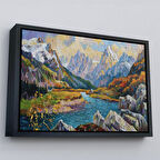Siyah Çerçeveli Kafkas Dağları Manzaralı Yağlıboya Görünüm Dekoratif Kanvas Duvar Tablosu