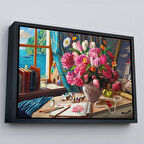 Siyah Çerçeveli Deniz Manzaralı Yağlıboya Görünüm Dekoratif Kanvas Tablo