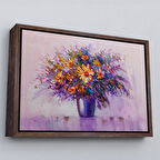 Kahverengi Çerçeveli Yağlıboya Görünümlü Vazo İçerisindeki Renkli Çiçekler Duvar Tablosu