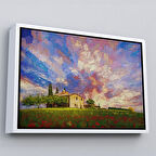 Beyaz Çerçeveli Toskana İtalyadaki Kırmızı Gelincik Tarlası Yağlıboya Görünüm Kanvas Tablosu