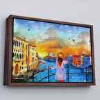 Kahverengi Çerçeveli Venedik Kanalını İzleyen Kız Yağlıboya Görünüm Dekoratif Kanvas Duvar Tablosu
