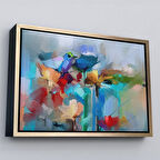 Altın Çerçeveli Modern Soyut Tarzda Çiçekler ve Kuş Dekoratif Kanvas Duvar Tablosu