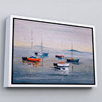 Beyaz Çerçeveli Deniz ve Yelkenliler Manzarası Yağlıboya Görünüm Dekoratif Kanvas Duvar Tablosu