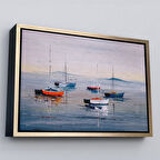 Altın Çerçeveli Deniz ve Yelkenliler Manzarası Yağlıboya Görünüm Dekoratif Kanvas Duvar Tablosu