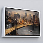 Beyaz Çerçeveli New York Nehir ve Köprü Manzarası Duvar Tablosu