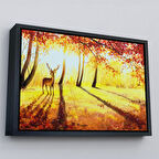 Siyah Çerçeveli Baharda Ormanda Bir Geyik Yağlıboya Görünüm Kanvas Tablo