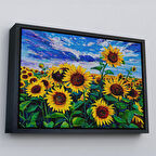 Siyah Çerçeveli Ayçiçeği Tarlası Yağlıboya Görünüm Dekoratif Kanvas Duvar Tablosu