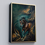 Altın Çerçeveli Modern Soyut At Tablosu