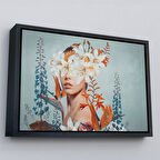 Siyah Çerçeveli Çiçekler İçindeki Güzel Kadın Portresi Kanvas Tablo