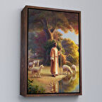 Kahverengi Çerçeveli Kuzularla Göl Kenarında Duran İsa Mesih, Hristiyan Kilise Hediyesi Kanvas Tablo
