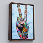 Kahverengi Çerçeveli Kanvas Tablo Graffiti Zafer İşareti Bansky Duvar Sanatı, Graffiti Sokak Sanatı