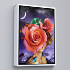 Beyaz Çerçeveli Gül Başlı Kadın Modern Sanat Tablosu