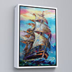 Beyaz Çerçeveli Yağlı Boya Görünümlü Yelkenli Kanvas Tablo