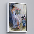 Beyaz Çerçeveli Beyaz Elbiseli Güzel Kız Dekoratif Duvar Tablosu