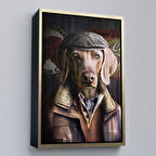 Altın Çerçeveli İnsan Kıyafetli Kasketli Köpek Dekoratif Duvar Tablosu