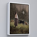 Beyaz Çerçeveli Süpürgeli Cadıya Özenen Kız Dekoratif Duvar Tablosu