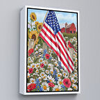 Beyaz Çerçeveli Güzel Bahçe İçierisindeki Amerka Bayrağı Duvar Tablosu
