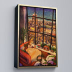 Altın Çerçeveli Cam Önünde Kar Keyfi Duvar Tablosu