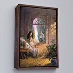 Kahverengi Çerçeveli Yataktaki Güzel Kadın Dekoratif Duvar Tablosu