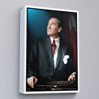 Beyaz Çerçeveli Atatürk Portre Tablosu Mustafa Kemal Atatürk Dikdörtgen Dekoratif Kanvas Tablo