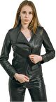 Love Mıknatıs Yaka Detaylı Siyah Hakiki Deri Kadın Ceket 
