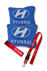 Hyundai Nakışlı Mavi Polar Ortopedik Seyahat Araç Boyun Yastığı / Oto Ayna Askısı & Tampon Çeki İpi