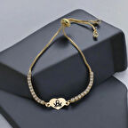 Koruyucu Ruh Tasarımlı Kalp Motifli ve Işıltılı Beyaz Taşlı 14 Ayar Altın Plakalı Hz. Ali Bilekliği