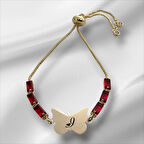 Kelebek Figürlü 14 Ayar Altın Plakalı Minimal Kırmızı Taşlı I Harfli Bileklik