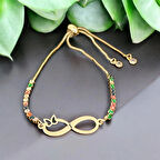 Işıltılı Sonsuzluk Kelebek Motifli, Renkli Taş Desenli ve 14 Ayar Altın Plakalı I Harfli Bileklik