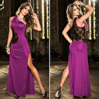 B101086 Dantel Dekolteli Uzun Elbise