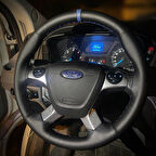 DİKİŞLİ DİREKSİYON KILIFI İTHAL SİYAH DERİ NOKTALI DERİ MAVİ YÜZÜK MAVİ DİKİŞLİ FORD CUSTOM İÇİN