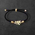 Özel 14 Ayar Altın Plakalı, Kuş Figürlü ve Siyah Örgülü İ Bilekliği