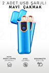 2 Adet Çift Taraflı Elektrikli Usb Şarjlı Mavi Çakmak
