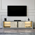 TV Sehpası Arzu Cam Raflı Gri Traverten LED'li 180 cm