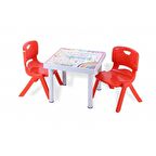 Sağlam Plastik Mandella Rubi İngilizce Desenli Çocuk Masası 2 Adet Nova Orta Çocuk Koltuk Kırmızı