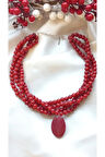 Kırmızı Cam Boncuk Doğal Taş Çoklu Tasarım Kolye