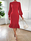 Modavera Kadın Uzun Kollu Yarı Balıkçı Yaka Etek Ucu Fırfır Detaylı Midi Ithal Krep Elbise