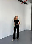 Modavera Osy Modal Yumuşak Dokulu Kumaş Kısa Kollu Crop Rahat Pantalon Ikili Takım - Siyah