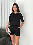 Modavera Osy Modal Yumuşak Dokulu Kumaş Parçalı Bisiklet Yaka T-shirt Kısa Şort İkili Takım - Siyah