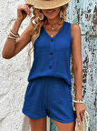 Modavera Kadın Askılı Kolsuz V Yakalı önden Düğmeli Bürümcük Bluz Ve Short Ikili Takım
