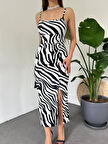 Modavera Kadın Zebra Baskılı Omuz Askılı Sırt Dekolteli Yırtmaç Detay Elbise