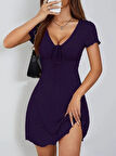 Kadın Kısa Kollu Derin Büzgülü V Yakalı Viskon Elbise
