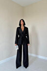 Siyah Beli Kuşaklı Ceket Ve Pantolon Parlak Takım