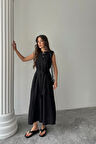 KETEN ELBİSE KOLSUZ BEL BAĞLAMALI MAXİ ELBİSE - Siyah