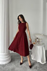 Bordo Yanları Büzgülü Midi Boy Keten Elbise