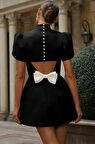 Kadın Kısa Kollu Balıkçı Yaka Arkadan Kelebek Dekolte Detaylı Kısa Atlas Elbise