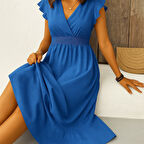 Kadın Kısa Kelebek Kollu Kruvaze Yakalı Beli Lastikli Aerobin Elbise