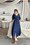 V YAKA BEL BONCUK BAĞLAMALI MÜSLİN ELBİSE YIRTMAÇ DETAYLI - Lacivert
