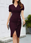 Kadın Kısa Kollu V Yakalı önden Fırfırlı Ithal Krep Elbise